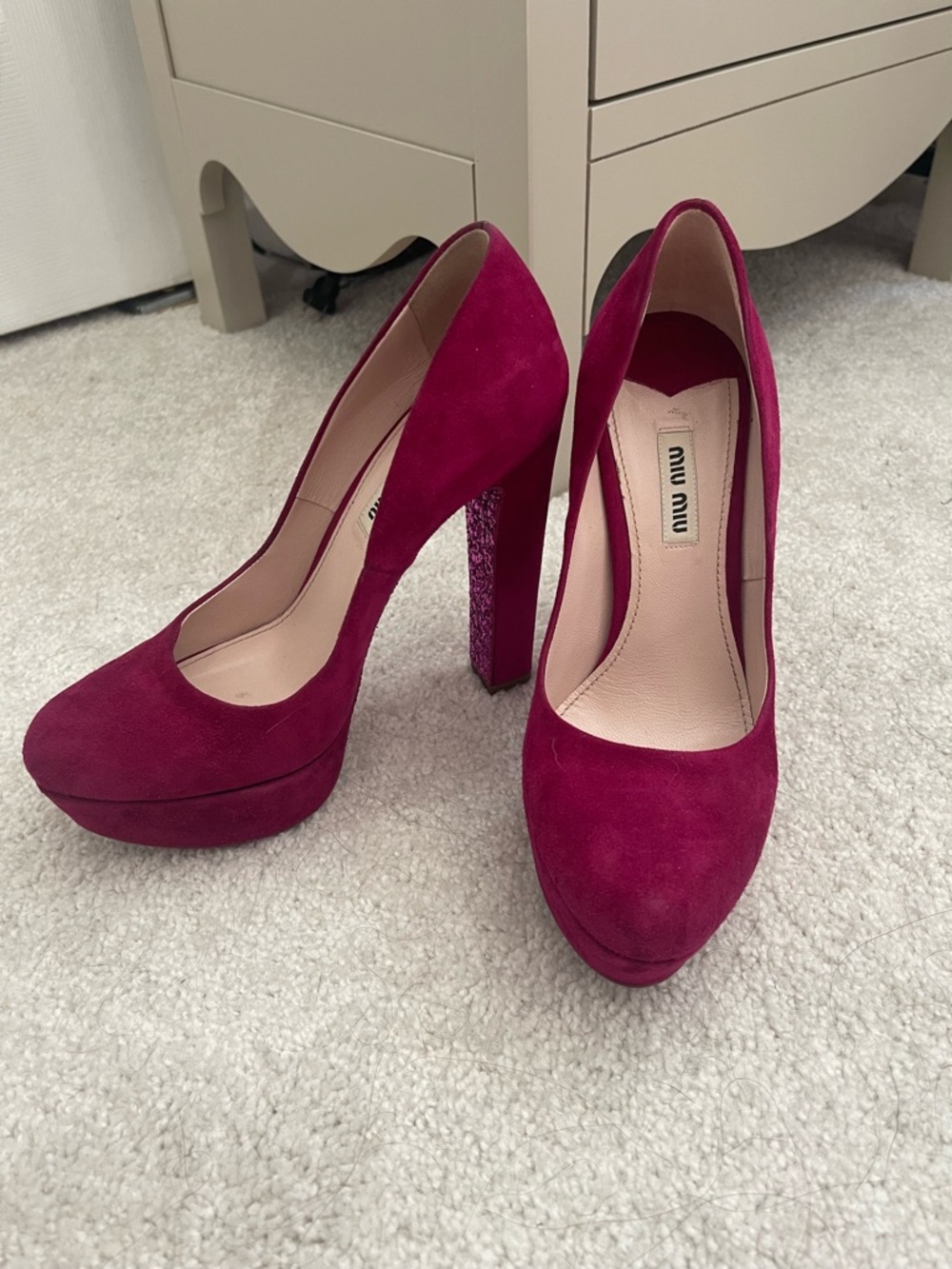 Miu Miu Fuchsia Suede Platform Pumps with Glitter Block Heel